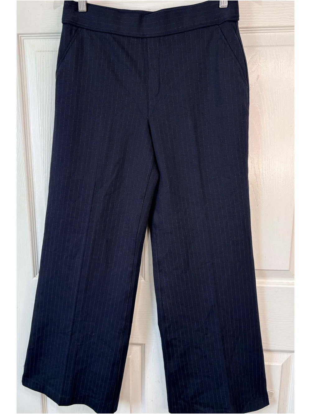 SPANX Supersmooth PerfectFit Navy Blue pinstripe Ponte Wide Leg Pants Medium - Picture 2 of 6